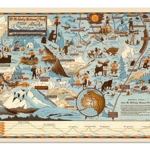 Affiche de carte du mont McKinley en Alaska – réimpression d'art pictural de style années 30 de dessin animé de parc national