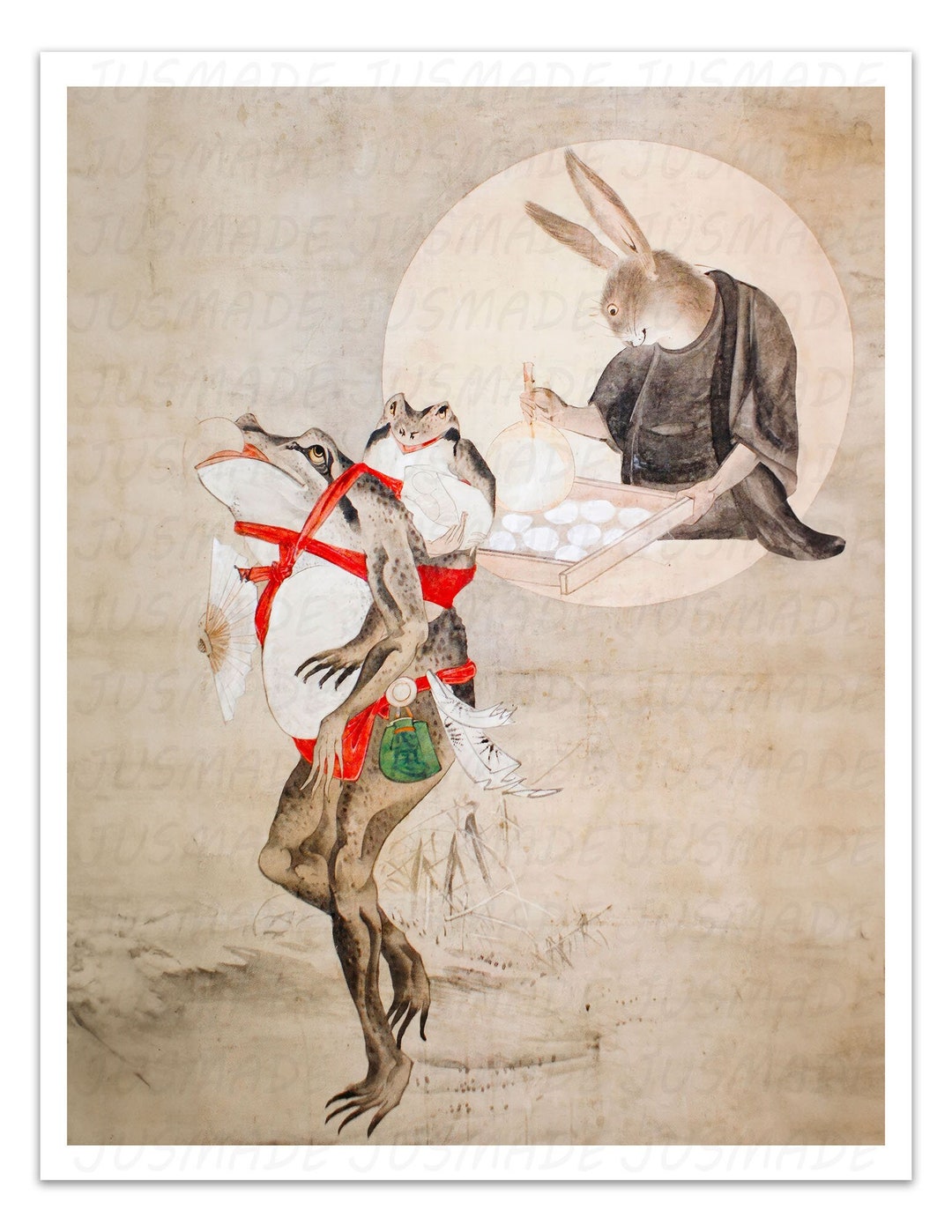JAPANESE FROG and RABBIT Vintage Japanese Illustration -unframed- Art ...