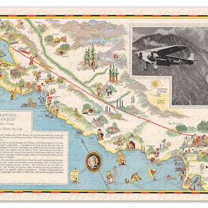 SAN FRANCISCO to LA Bildkarte, 1929 Vintage Illustration -Ungerahmt- Druck