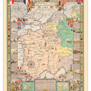 MAPA HISTÓRICO 1932 WW1: Líneas de batalla, Punto base, Zonas aliadas -Sin marco- Imprimir