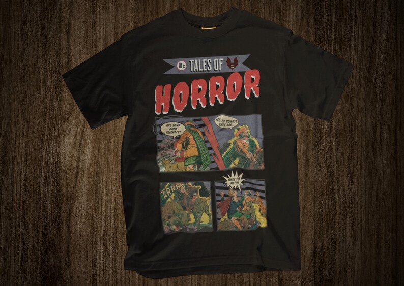 Vintage HORROR COMIC Book 1950s Distressed Style T-Shirt, Funny, Scary, Retro with Crazy Dogs image 1