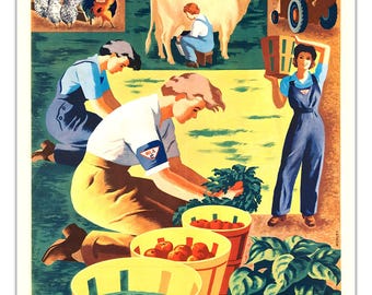 PITCH IN & HELP! | Vintage WW2 War | Women's Land Army of the U.S. Crop Corps, Poster -Unframed- Print