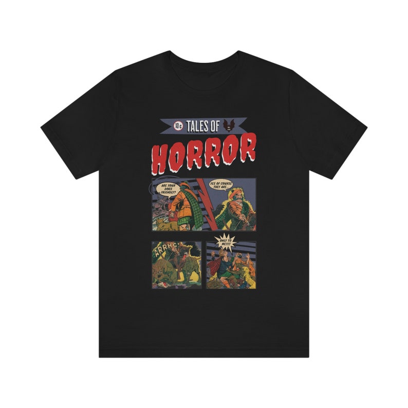 Vintage HORROR COMIC Book 1950s Distressed Style T-Shirt, Funny, Scary, Retro with Crazy Dogs Black