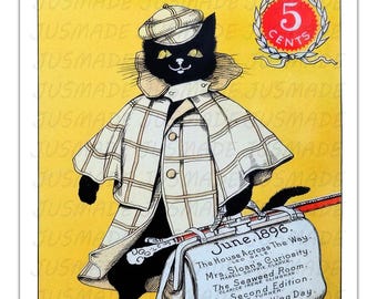 The Black Cat June 1896 Vintage Poster – Art Nouveau Detective Cat Illustration