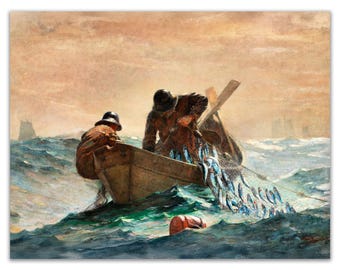 ニシン網 - ウィンスロー・ホーマーの手描き油絵複製、魚を捕る漁師