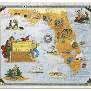 Op de afbeelding: Een geïllustreerde kaart in vintage-stijl getiteld Ye True Chart of Pirate Treasure of Florida, met een beige landmassa van Florida omringd door blauw water. De kaart bevat gedetailleerde tekeningen van piraten, schepen en schatlocaties met tekst.