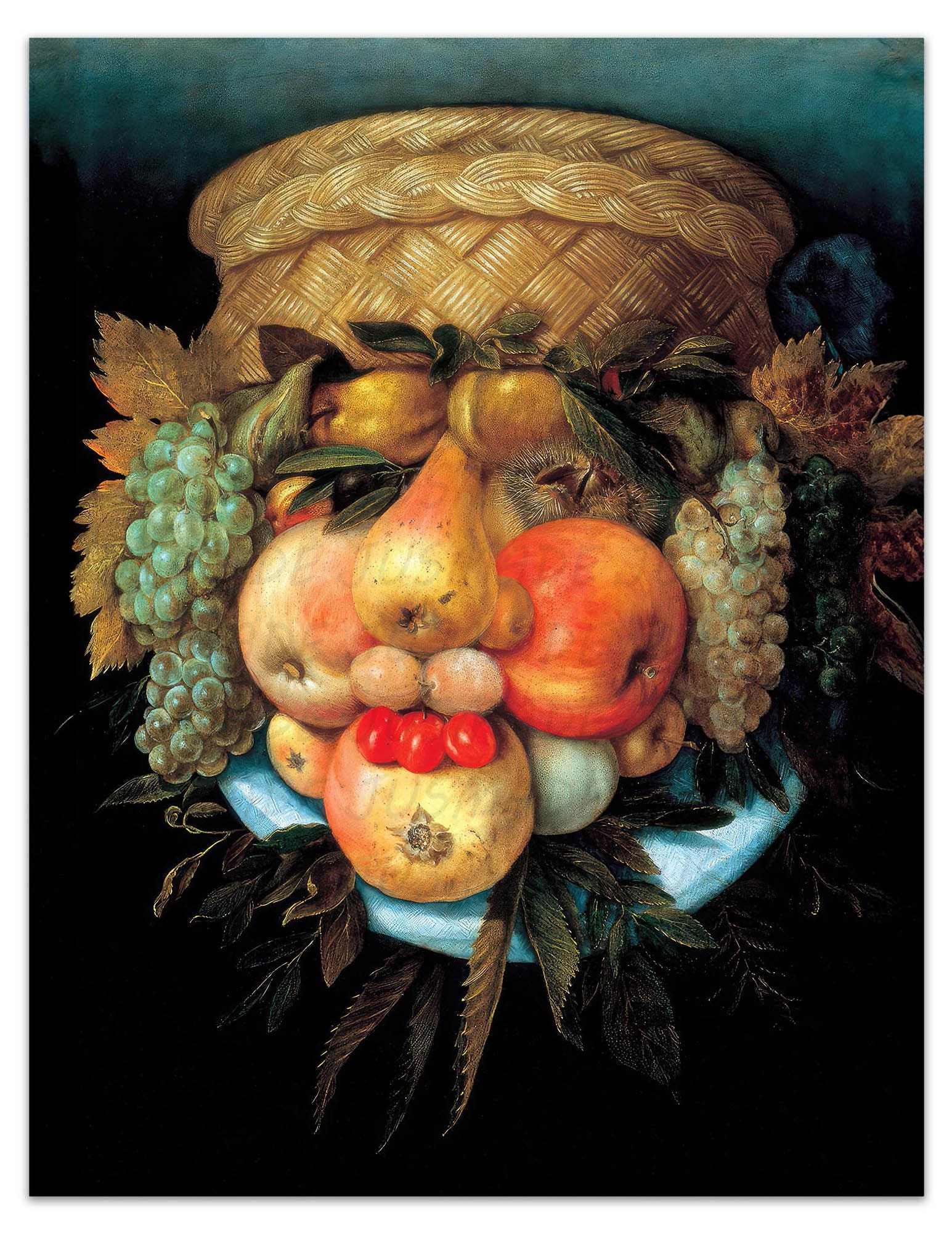 島橋宗文、【Face-牛・果物のある風景】、希少な額装用画集より Giuseppe Arcimboldo FRUIT BASKET 1550 (borderless) Vintage