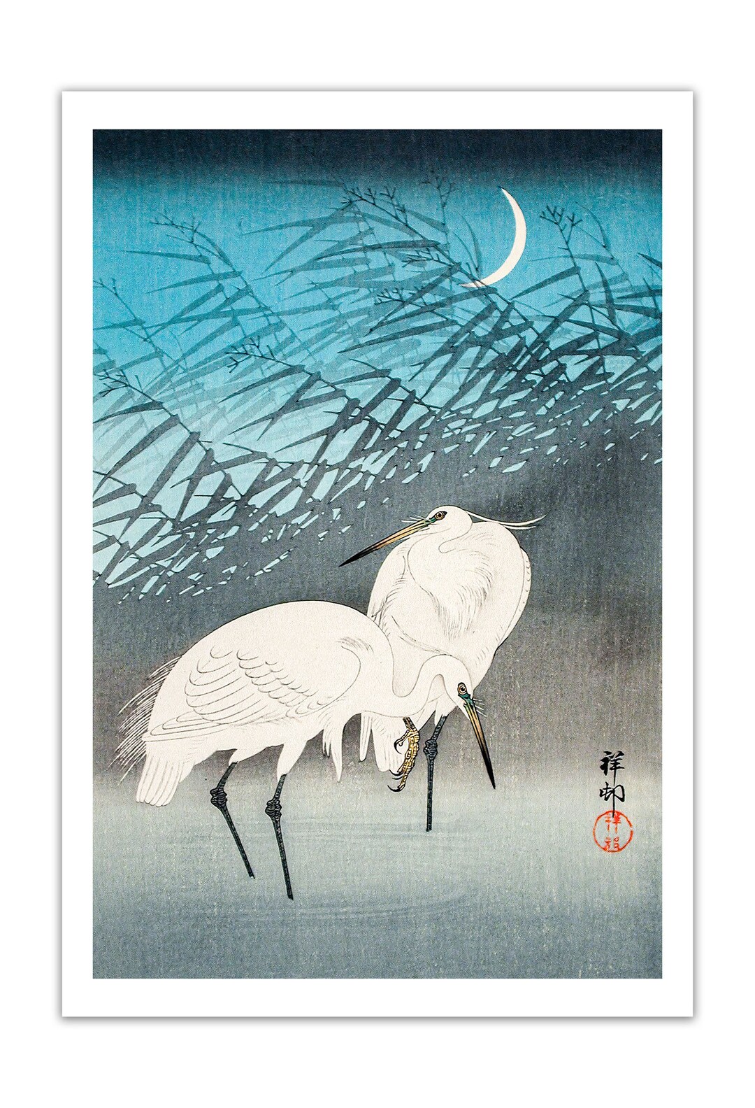 OHARA KOSON Egrets and Reeds in Moonlight JAPANESE Art 1926 Print ...