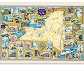 Vintage New York 1940s Map Poster – Historical Landmarks, Scenic Beauty - Print
