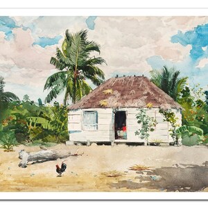 May include: Watercolor painting of a white house with a thatched roof, set against a backdrop of lush green foliage and a vibrant blue sky with fluffy clouds. A rooster stands in the foreground.