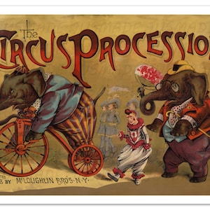 CIRCUS PROCESSION Vintage 1888 Clown & Elephants Illustration -Unframed- Premium Print