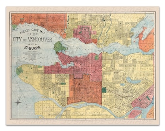 Carte topographique vintage de Vancouver (Colombie-Britannique) : rues de la ville et de la banlieue, impression de 1914.