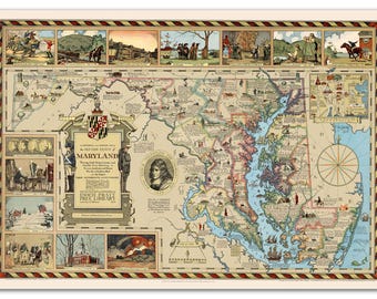 Vintage Maryland Illustrated Map Poster – Landmarks, History & 300th Anniversary, Travel Art Print