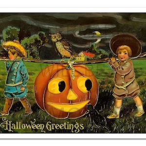 HALLOWEEN GREETINGS 1900 (2 Boys & Jack -O- Lantern) Poster vintage, impressão premium -sem moldura- restaurado digitalmente