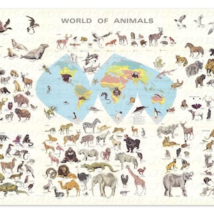 WORLD OF ANIMALS Species Map Chart 1970 Vintage Illustration -Unframed- Print