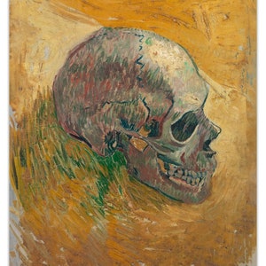 May include: A close-up of a human skull painted in a realistic style with a yellow, green, and brown background. The skull is painted in a light gray color with details of the bone structure visible. The background is painted in a loose, expressive style with brushstrokes visible.