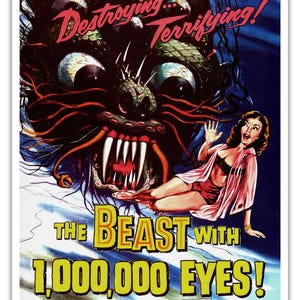 Könnte beinhalten: Vintage-Filmplakat für "The Beast with 1,000,000 Eyes!". Es zeigt ein monströses Wesen mit vielen Augen, eine Frau in Not und fetten Text. Das Plakat hat ein Retro-Horrorfilm-Thema.