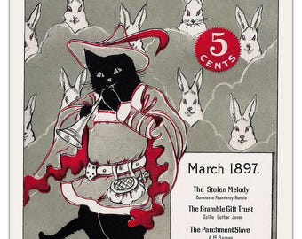 The Black Cat March 1897 Vintage Poster – Art Nouveau Cat Piper with Rabbits