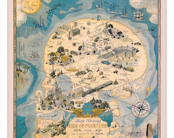 Op de afbeelding: Vintage kaart getiteld "Map Showing Isle of Pleasure" met een grillig ontwerp. De kaart bevat illustraties van schepen, gebouwen en een zon met een gezicht. Tekst bevat "Whiskey Strait", "Prohibition Sea" en "Two Fingers to the Drink."