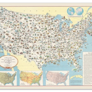 UNITED STATES Pictorial Map, Resources, products 1956 Vintage -Unframed- Print