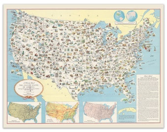 May include: A vintage pictorial map of the United States of America, illustrating regional economics, products, and resources. The map includes detailed illustrations of locations and industries, with inset maps and text.
