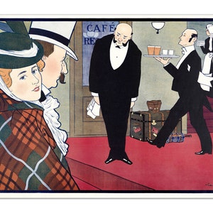 Husband, Wife and Two Waiters (Man en vrouw en twee obers) VAN CASPEL Vintage Illustration 1900 Poster Art Print