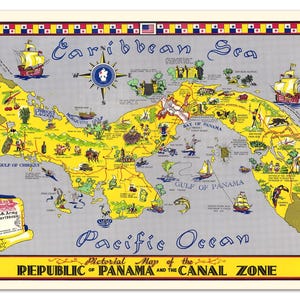 Vintage bildliche Karte von Panama & Kanal-Zone Poster - U.S. Army Karibik 1950s - Ungerahmt- Reprint