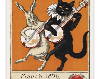 The Black Cat Magazine Poster - Vintage 1896 Art Print, Rabbit & Cat Playing Banjo