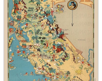 1946年 カリフォルニア絵地図プリント、ジャック・リオズ