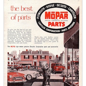May include: A vintage advertisement for MoPar, Chrysler Corporation's parts division. The ad features a red, white, and blue logo with the text "MoPar" in bold red letters. The ad also features a scene of a street with several cars and trucks, including a red truck with the MoPar logo on the side. The text "For the best of cars and trucks" is at the top of the ad, and the text "The best of parts" is below the logo. The ad also includes the text "Chrysler Corporation - Parts Division" and "Parts Division - Chrysler Corporation - Detroit 31, Michigan - April 1954".