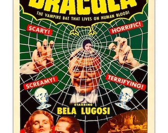 Póster de película de terror vintage Drácula (1951, reedición), impresión artística de decoración de pared gótica con un murciélago vampiro