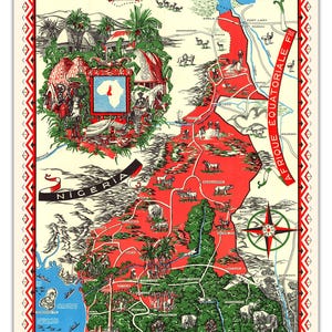 May include: A vintage-style illustrated map of Cameroun featuring a red-colored territory, detailed drawings of local wildlife, vegetation, and traditional dwellings. The map includes a compass rose, text labels, and a decorative border in red and white.