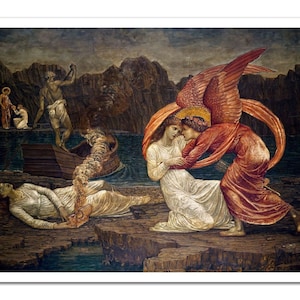 Puede incluir: Una pintura que representa una escena de la historia bíblica de la resurrección de Lázaro. Una mujer yace en el suelo, mientras un ángel con alas rojas y una túnica roja se inclina hacia ella. En el fondo, un grupo de personas se reúne cerca de un barco.