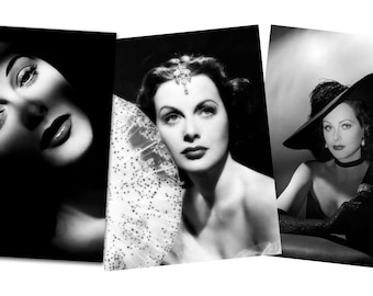 May include: Three black and white photographs of a woman with dark hair and dark eyes. The woman is wearing different outfits in each photo. In the first photo, she is wearing a white dress with a lace overlay. In the second photo, she is wearing a black dress with a wide-brimmed hat. In the third photo, she is wearing a black dress with a lace overlay.