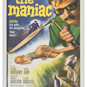 Puede incluir: Cartel de película vintage de "The Maniac" con una escena dramática. El cartel presenta a un hombre con gafas de sol sosteniendo una antorcha, una mujer con un vestido y el título de la película en amarillo. El cartel incluye los nombres de los actores y la productora.