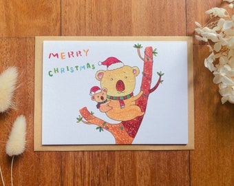 Xmas Card Koala/ Cuddle Koala/ aussie xmas/ koala greeting cards/ xmas time/ koala card / Merry Christmas /watercolor painting