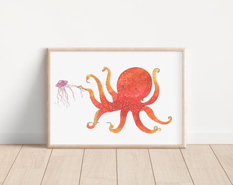 Octopus Watercolor art print/ ocean animal/ marine life animal/ nursery room decor/  art print/ watercolor/ home decor/