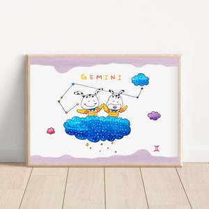 Gemelli / segno zodiacale / zodiaco / Zodiaco Dimbao / Stampa d'arte / acquerello / illustrazione / arte della parete / arredamento per la casa / arredamento della camera dei bambini