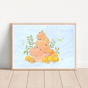 Mysig Kapybarahög / Orange & Kapybarakonst / Kapybaravänner / akvarell / illustration / väggkonst
