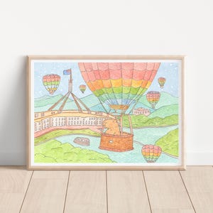 Capybara in a Hot Air Balloon, Canberra- Whimsical Watercolor Art Print / illustration/ wall art