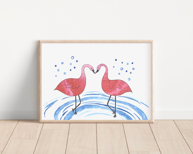 Flamingo / couple / home decor /watercolour / illustration / love /art print image 1