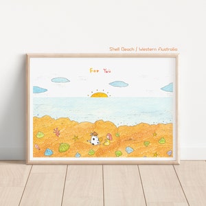 Shell beach/ Western Australia/ beach time/ play/ fun time/ Art Print/ watercolour / illustration/ greenery/ home decor/wall art