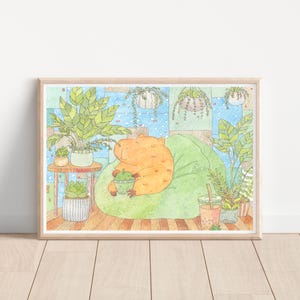 Capybara Enjoying Matcha Boba Tea on the Bean Bag Sofa - Chill Day Watercolor Art Print / illustration/ wall art