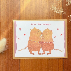 valentijnskaart/ Quokka/ quokka-liefdeskaart/ stel/ samen/ happy hour/ met jou/ Wenskaart / illustratie/ aquarel/ kaart