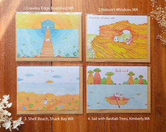 Bundle set of 4 Australia Journey landscape  greeting cards/ The Blue boat house/ Natures window/ Shell beach/ Baobab tree/ Australia