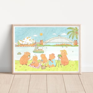 Capybara Sydney Picnic / Capybara Art / Capybara Scene / Capybara Friends / akvarell / illustration / väggkonst bild 1