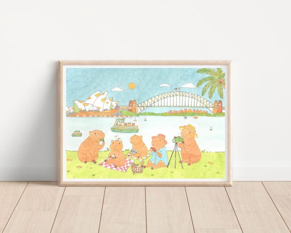 Capybara Sydney Picnic / Capybara Art / Capybara Scene / Capybara Friends/ watercolour / illustration/ wall art