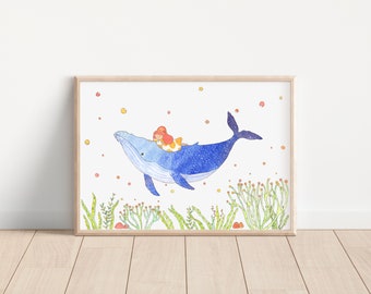 Humpback whale and little girl/ Humpback whale art print/ whale watercolour painting/ wall art/ home decor/ sail with you/ go on a journey