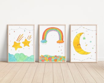 Set of 3 Nursery Print/ Stars / Rainbow/ Moon/ dreamy whimsical home decor/  Art Print / watercolour wall art / Baby Shower Gift