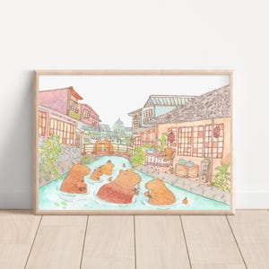 Ora del tè a Capybara Town / Orange River / Arte di Capybara / Scena di Capybara / Amici di Capybara / tè boba, acquerello / illustrazione / arte murale